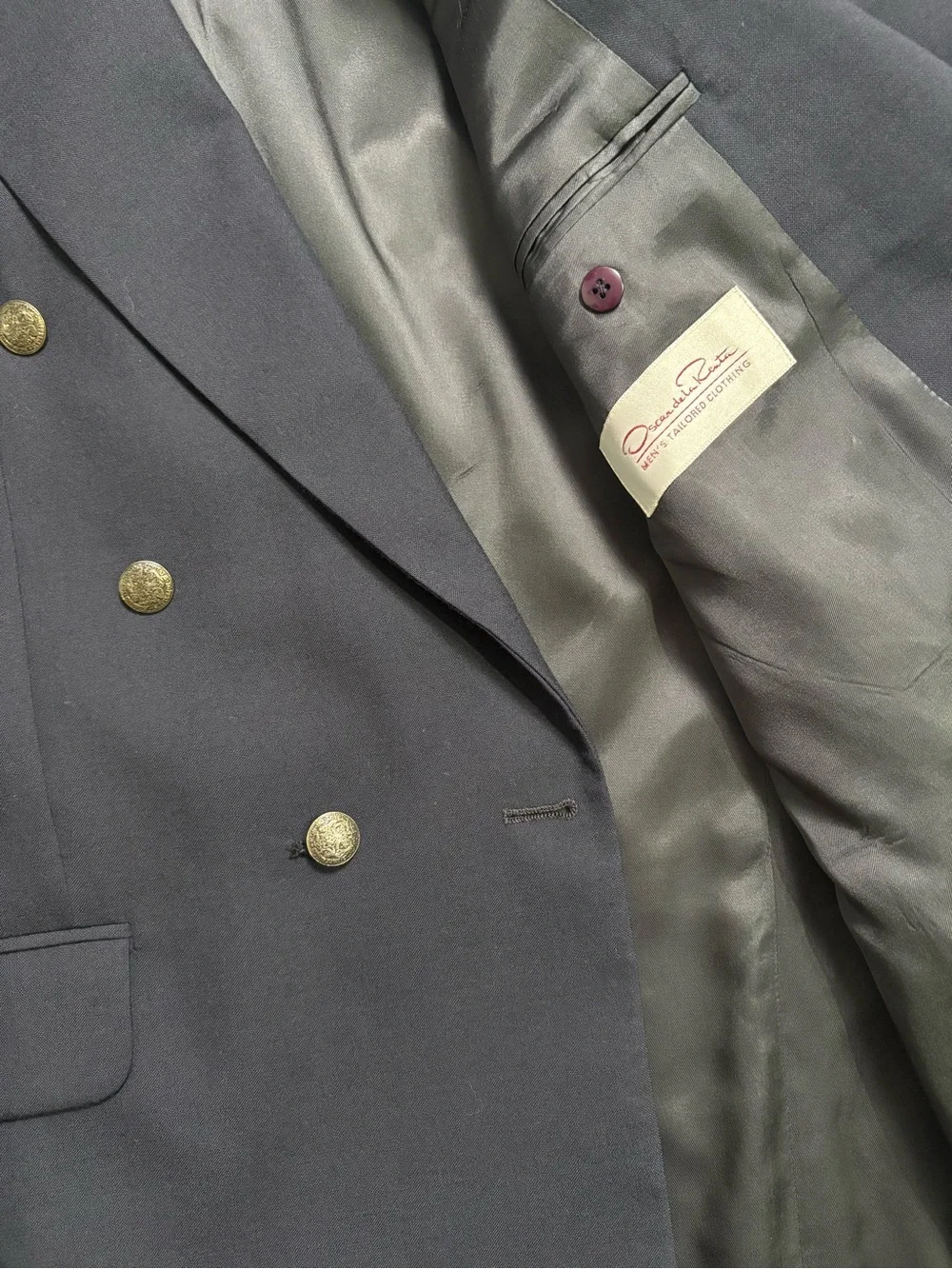 Vintage Oscar De La Renta Double-Breasted Men's Suit Blazer Size 46 Navy Blue